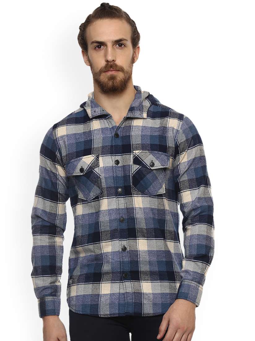 Buy Mufti Men Blue Slim Fit Checked Hooded Casual Shirt Shirts for Men 7089704 Myntra