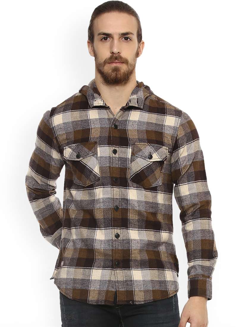 Buy Mufti Men Brown Beige Slim Fit Checked Hooded Casual Shirt Shirts for Men 7089715 Myntra