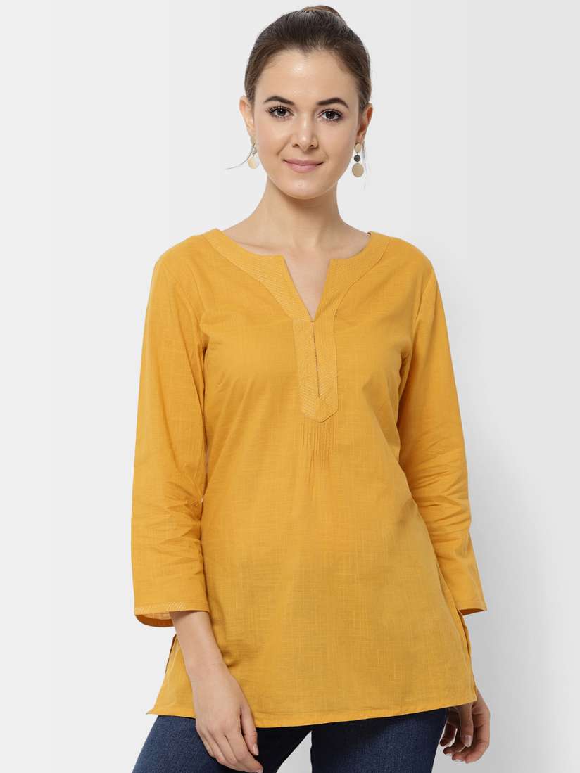 Buy Fabindia Women Mustard Yellow Solid Pure Cotton Kurti Kurtis for Women 7093296 Myntra