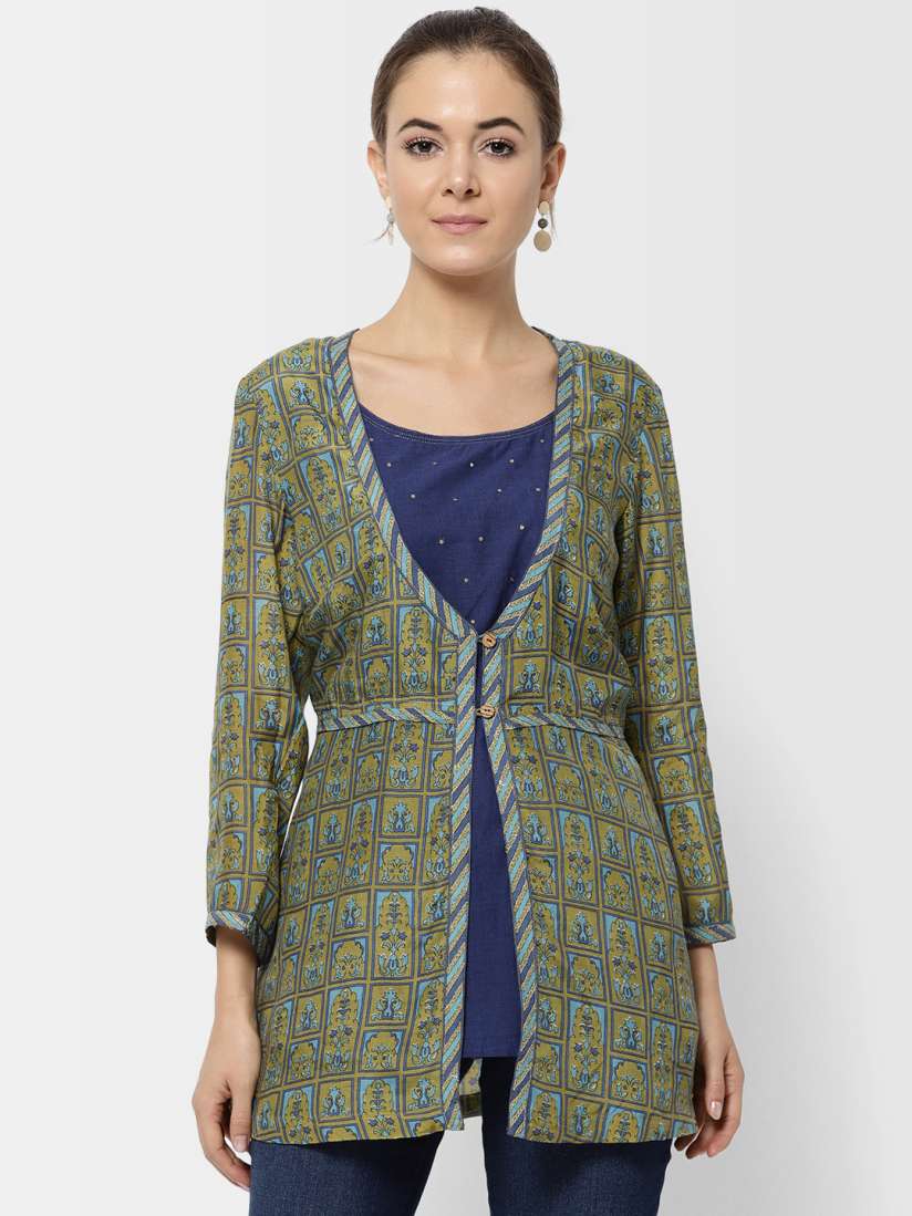 Buy Fabindia Women Olive Green Navy Printed Layered A Line Kurti Kurtis for Women 7093315 Myntra