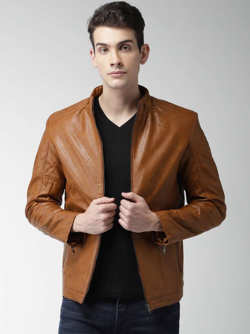 Buy Fort Collins Men Mustard Brown Solid Biker Jacket Jackets for Men 7093975 Myntra