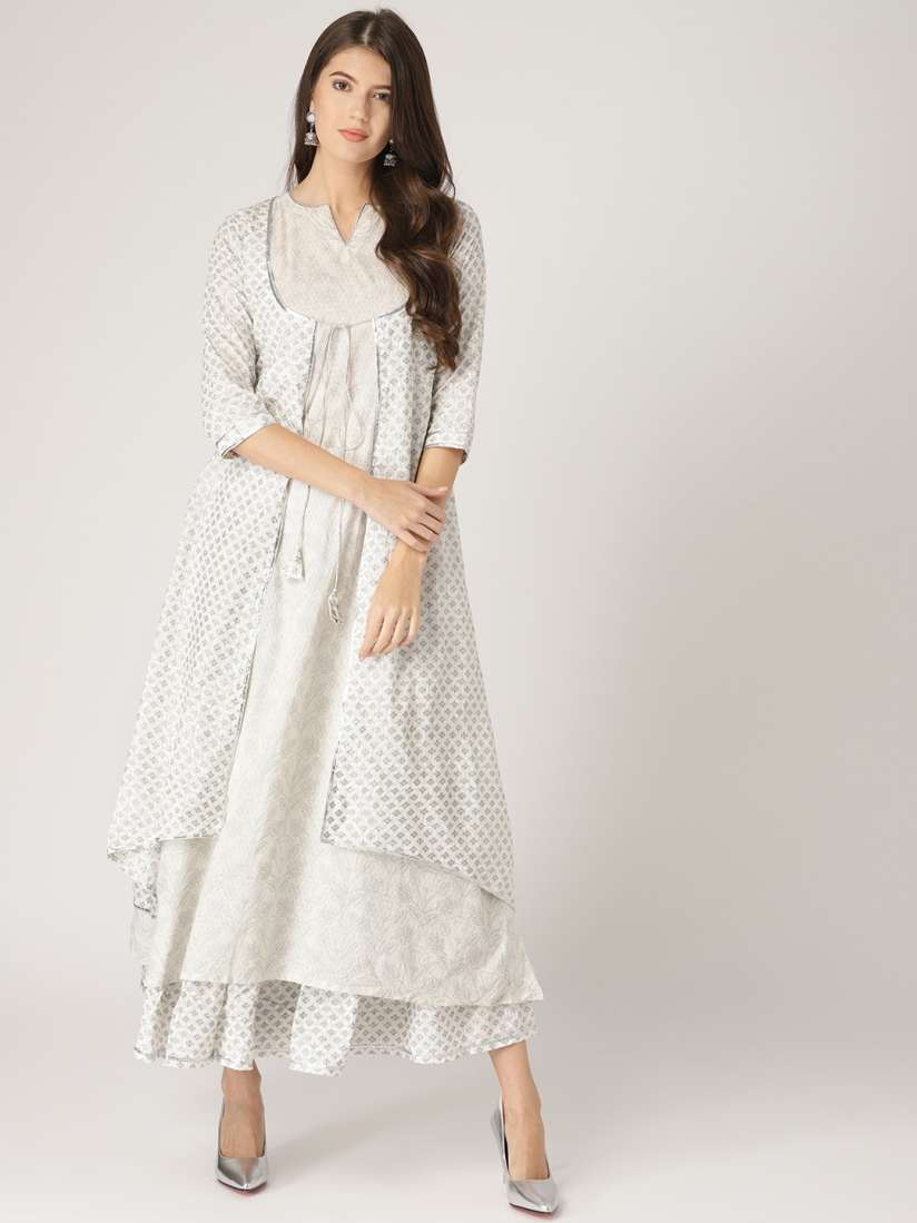 Buy Libas Women White Grey Printed Layered Kurta with Skirt Kurta Sets for Women 7098931 Myntra