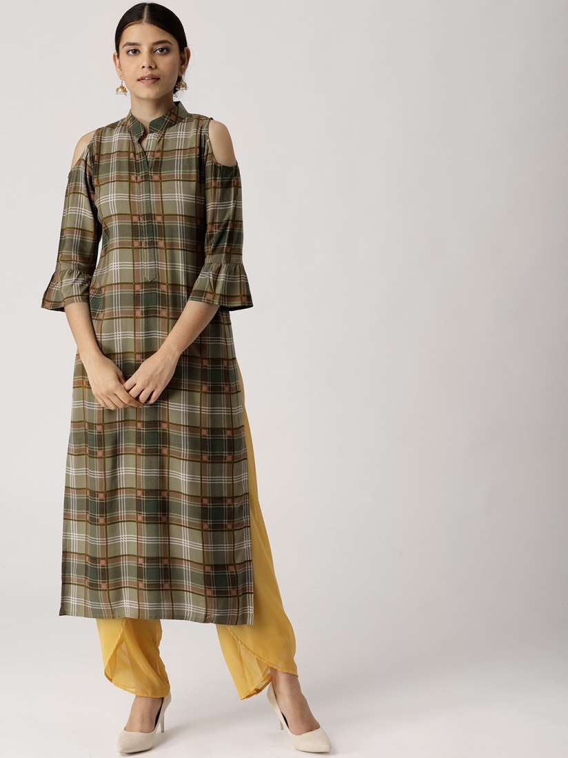 Buy Libas Women Olive Green Brown Checked Straight Kurta Kurtas for Women 7098988 Myntra