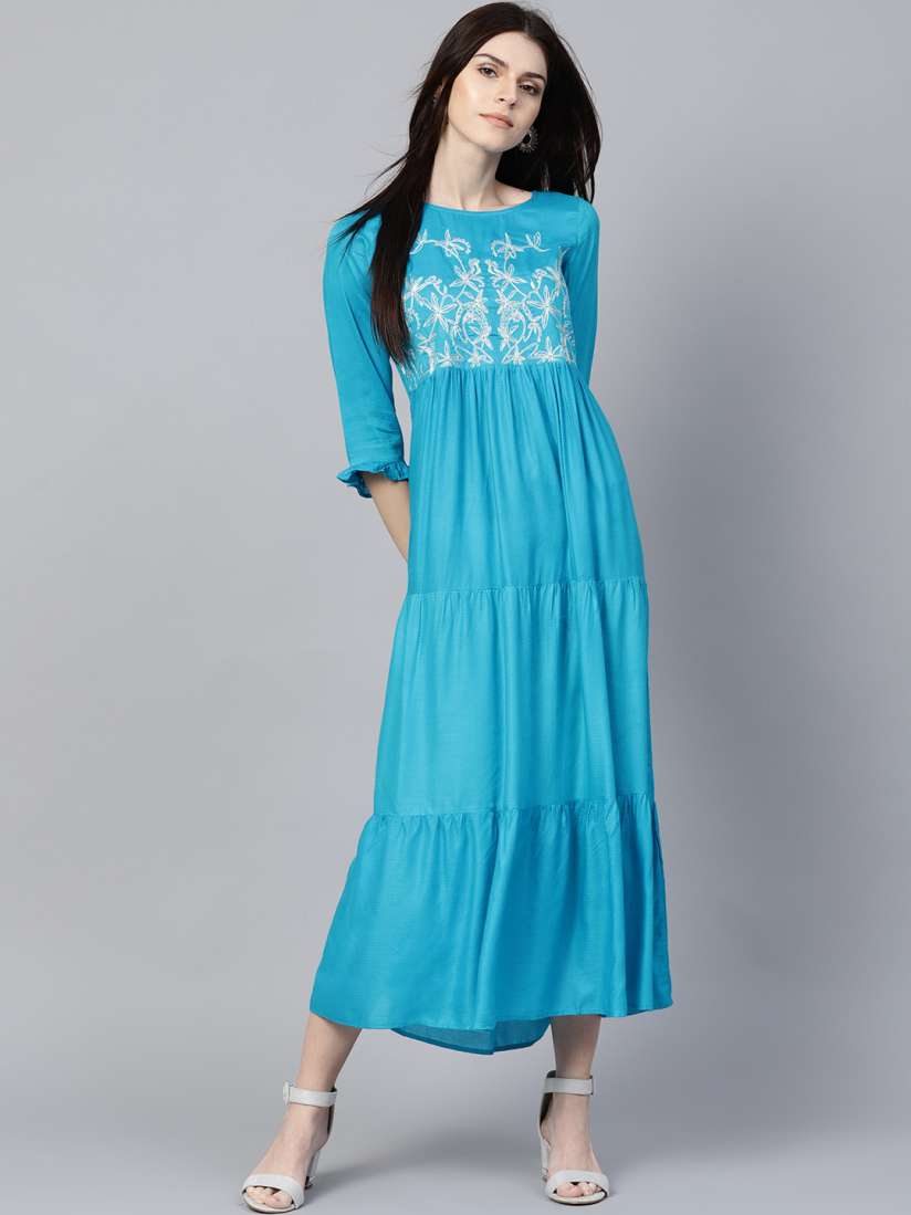 Buy Jaipur Kurti Women Turquoise Blue Yoke Design Maxi Dress Dresses for Women 7106928 Myntra