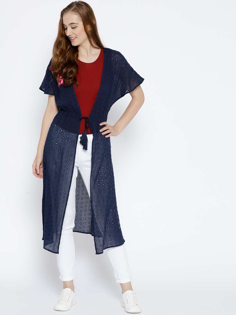 Buy I AM FOR YOU Navy Blue Schiffli Embroidered Tie Up Longline Semi Sheer Shrug Shrug for Women 7112274 Myntra