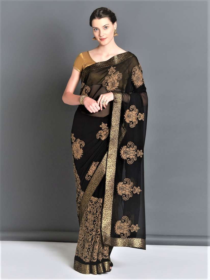 Buy Mitera Black Embroidered Poly Georgette Saree Sarees for Women 7129330 Myntra