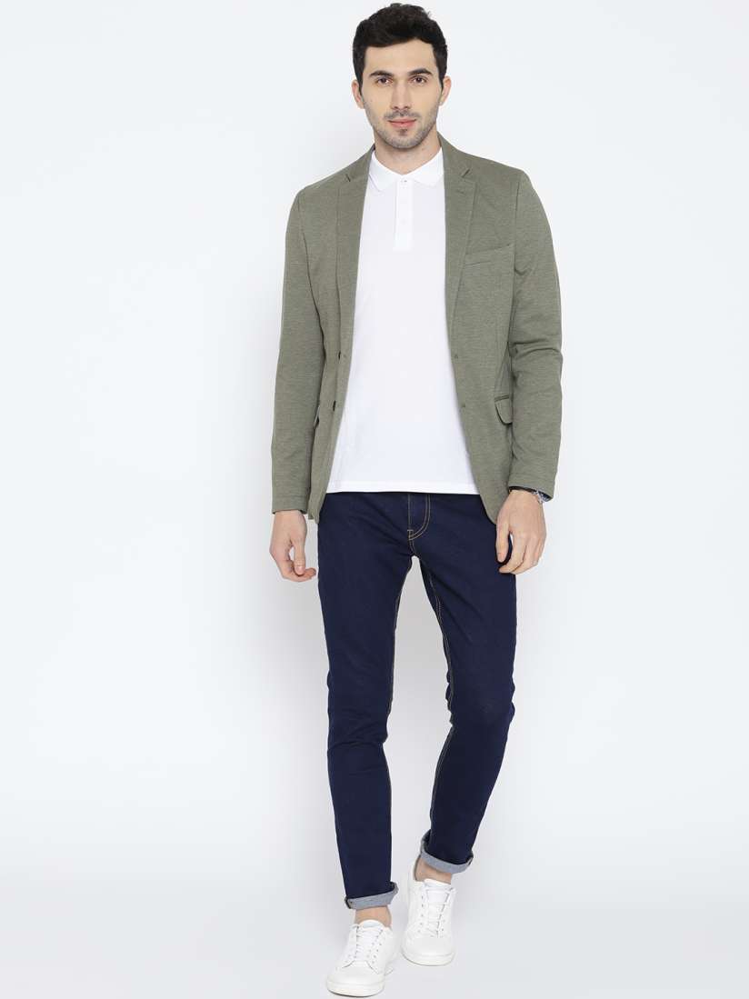 Buy ColorPlus Men Olive Green Solid Contemporary Fit Single Breasted Casual Blazer Blazers for Men 7153584 Myntra