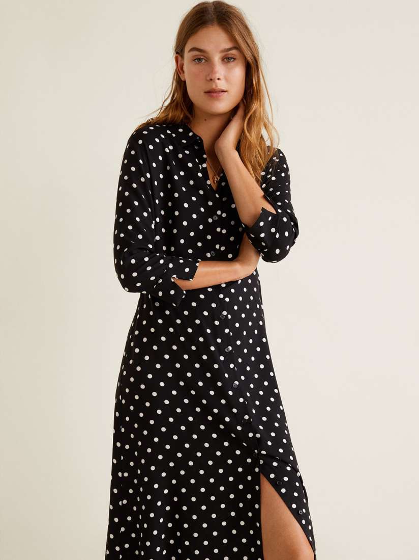 Black polka dot shirt dress discount