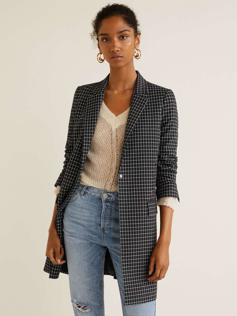 Buy MANGO Women Black White Checked Single Breasted Longline Casual Blazer Blazers for Women 7157989 Myntra