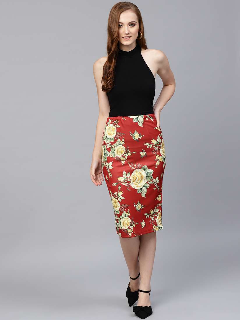 Buy SASSAFRAS Women Rust Red Yellow Printed Pencil Skirt