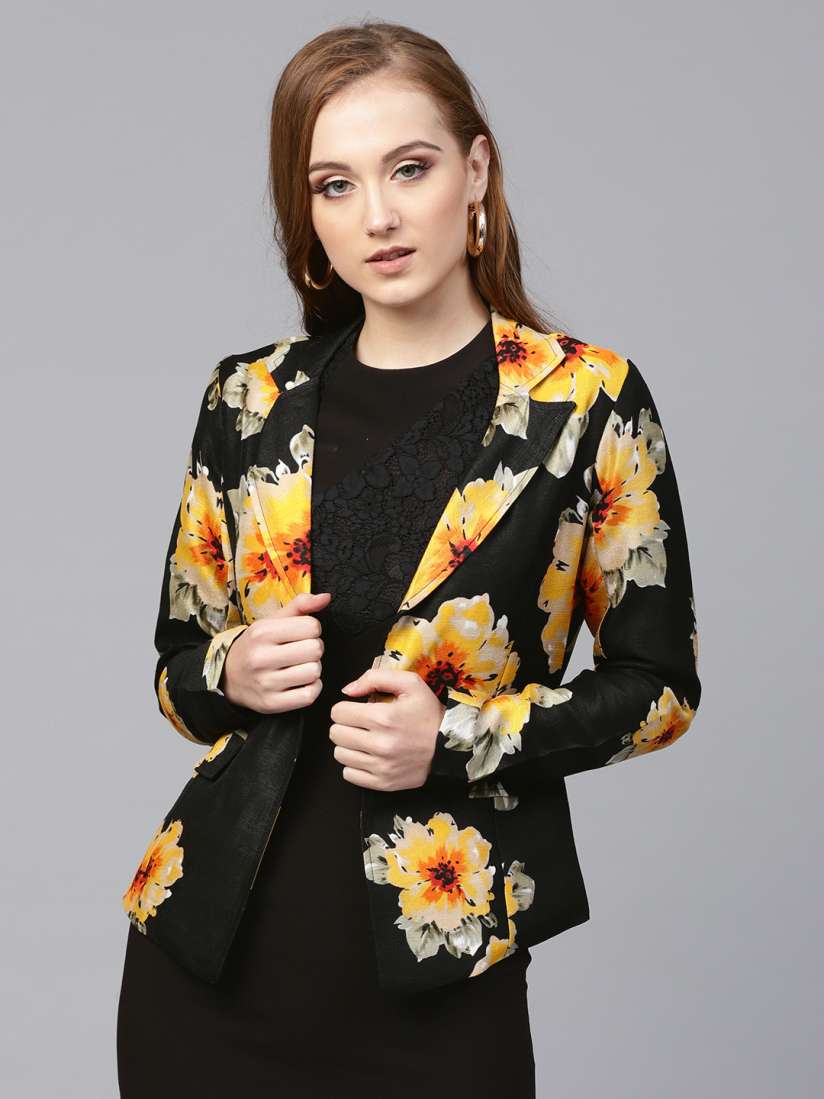 Buy SASSAFRAS Women Black Yellow Floral Print Single Breasted Casual Blazer Blazers for Women 7189071 Myntra