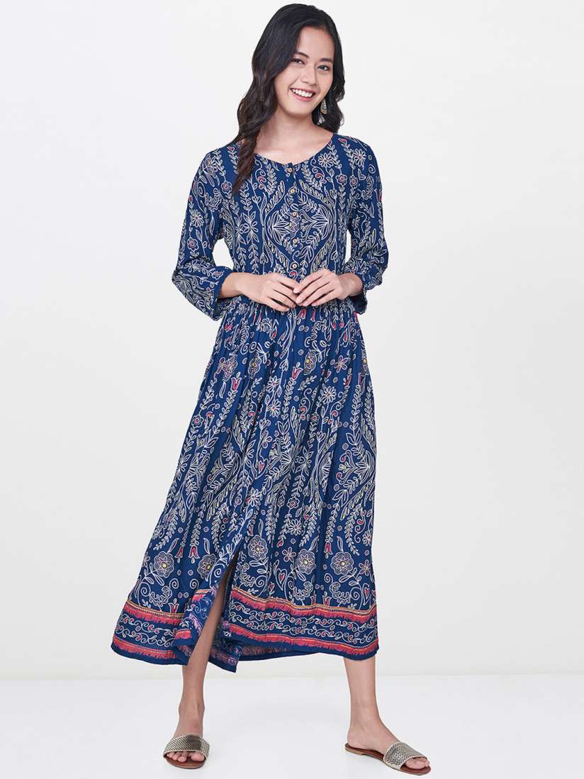 Buy Global Desi Women Navy Blue Printed A Line Dress Dresses for Women 7192576 Myntra