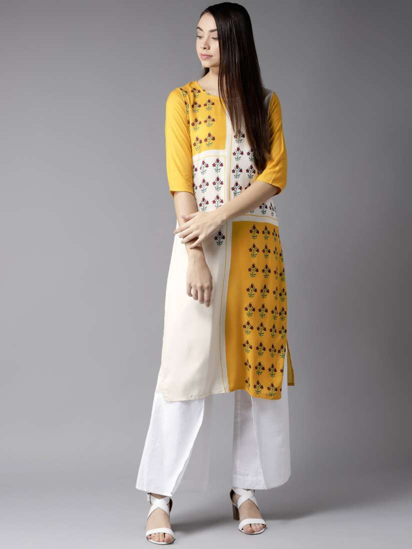 Buy Moda Rapido Women Yellow White Block Print Straight Kurta Kurtas for Women 7197482 Myntra
