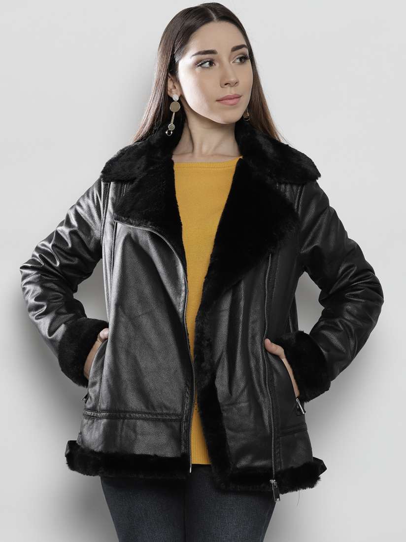 Buy DOROTHY PERKINS Women Black Solid Asymmetric Closure Biker Jacket Jackets for Women 7199369 Myntra