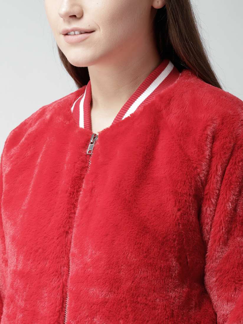 Buy FOREVER 21 Women Red Faux Fur Varsity Jacket Jackets for Women 7230852 Myntra