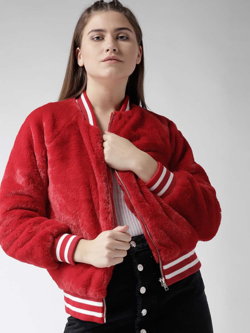 Buy FOREVER 21 Women Red Faux Fur Varsity Jacket Jackets for Women 7230852 Myntra