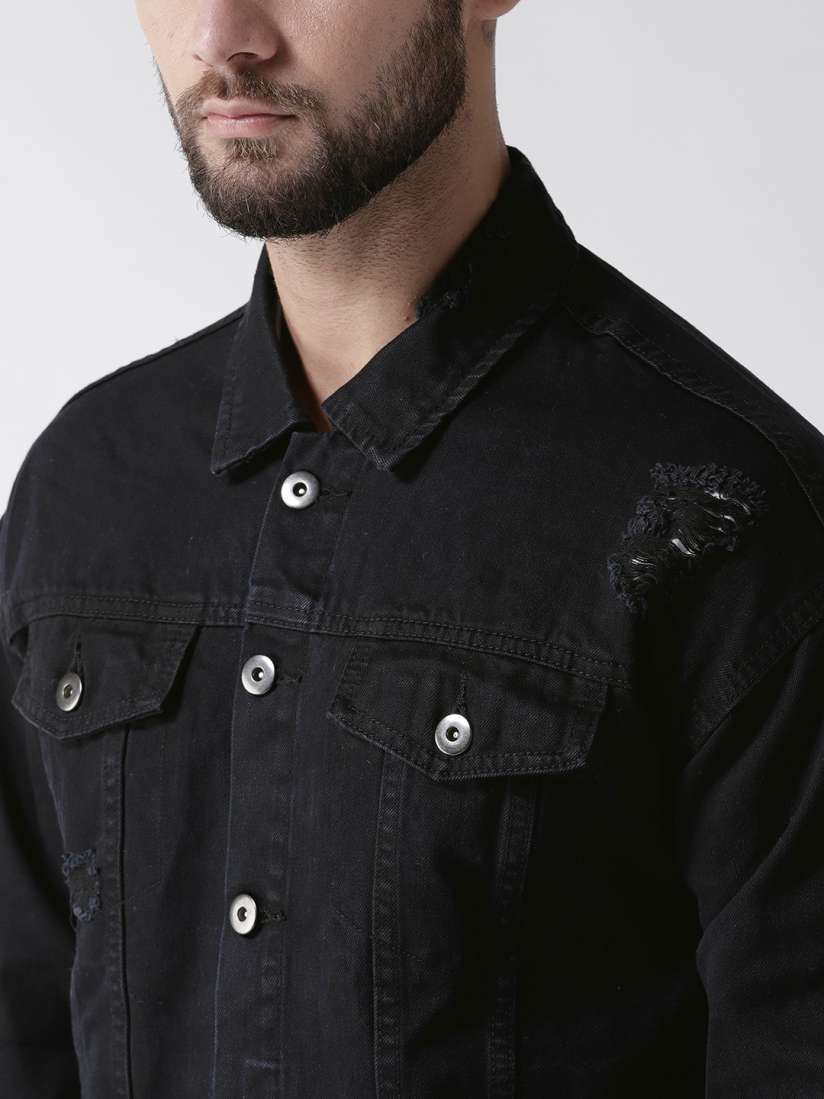 Buy FOREVER 21 Men Black Distressed Denim Jacket Jackets for Men 7230882 Myntra