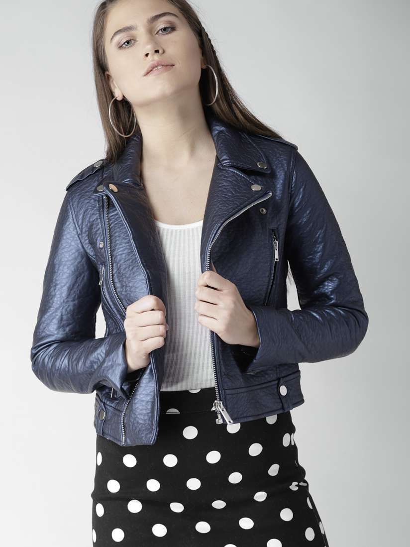Buy FOREVER 21 Women Navy Blue Solid Asymmetric Closure Biker Jacket Jackets for Women 7230895 Myntra
