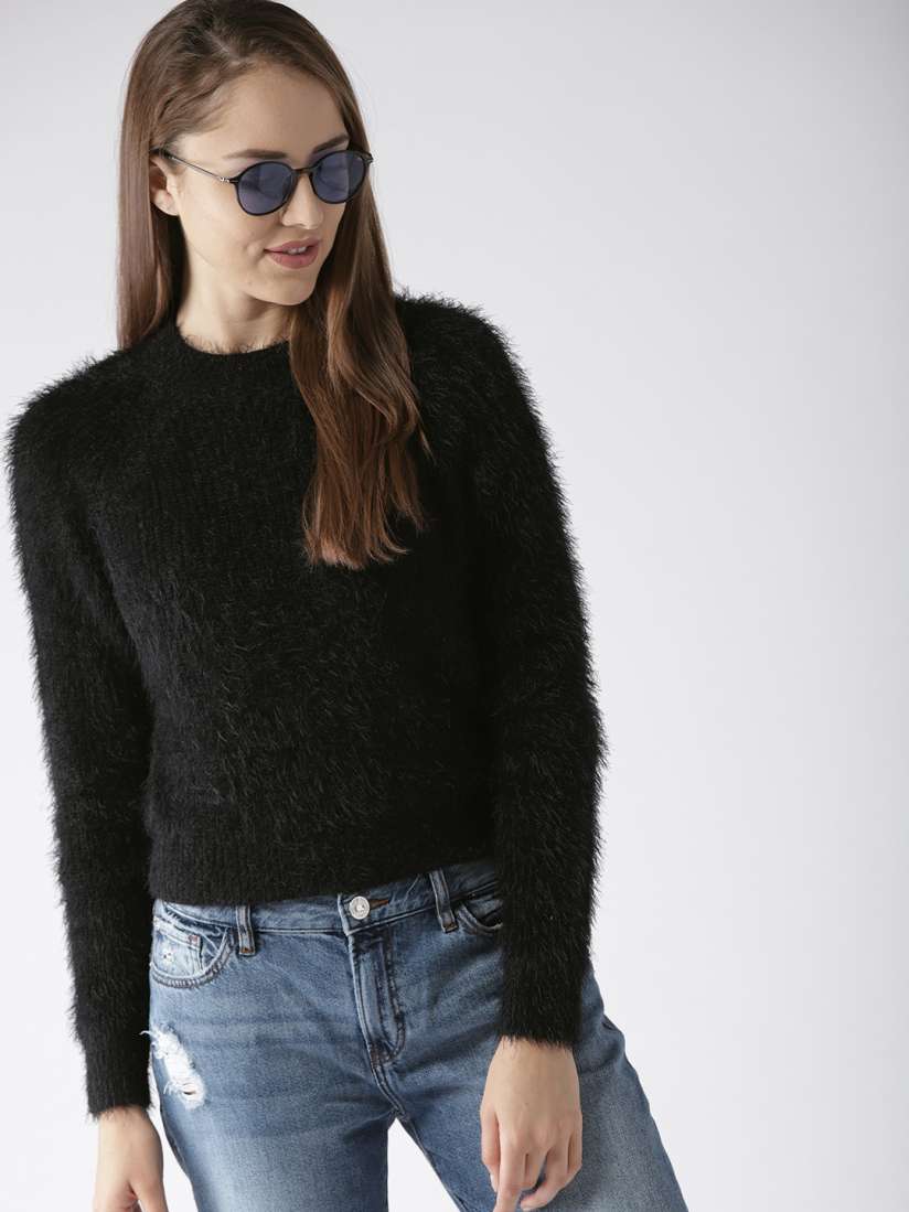 Buy FOREVER 21 Women Black Fuzzy Sweater Sweaters for Women 7231015 Myntra