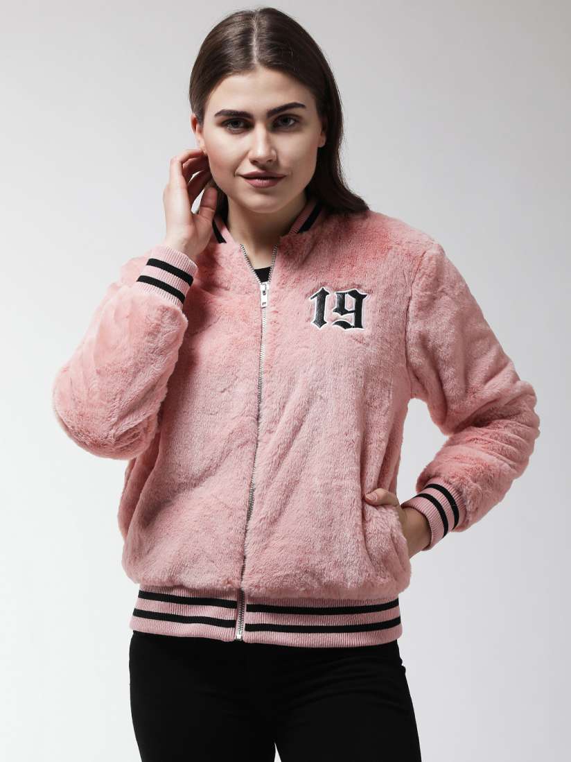 Buy FOREVER 21 Women Pink Faux Fur Varsity Jacket Jackets for Women 7231022 Myntra