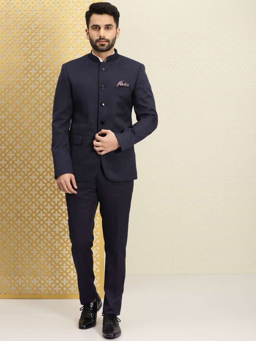 Buy House of Pataudi Men Navy Blue Striped Bandhgala Ethnic Suit with Printed Pocket Square Suits for Men 7232789 Myntra