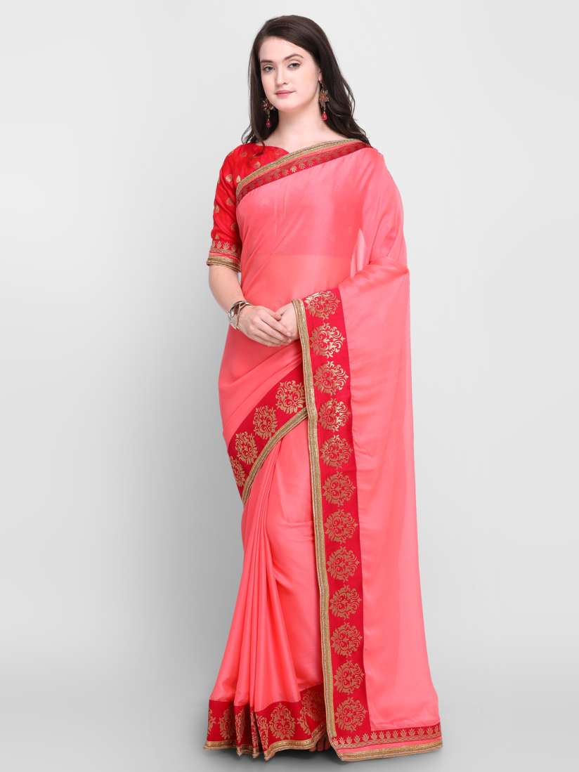 Buy Shaily Peach Coloured Red Pure Chiffon Solid Saree Sarees for Women 7234272 Myntra