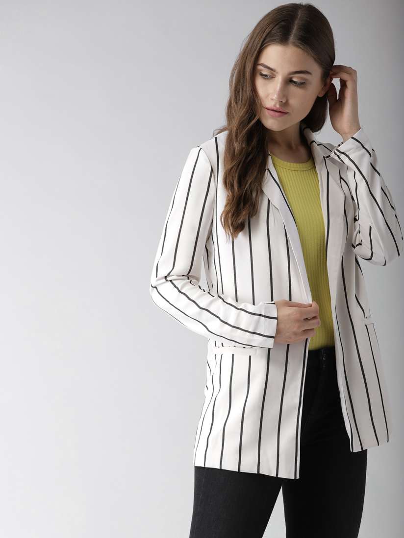 Buy FOREVER 21 Off White Black Striped Single Breasted Casual Blazer Blazers for Women 7238553 Myntra