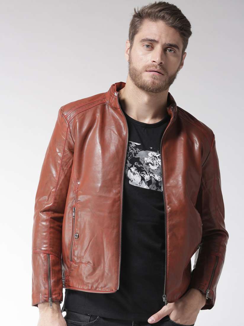 Buy Fort Collins Men Rust Brown Solid Biker Jacket Jackets for Men 7246486 Myntra