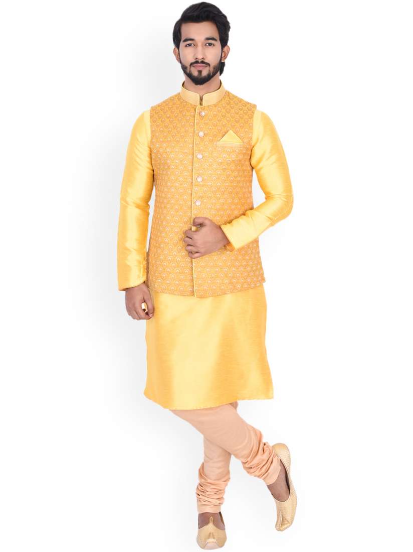 Buy Manyavar Men Yellow Self Design Kurta with Churidar Nehru Jacket Kurta Sets for Men 7251335 Myntra