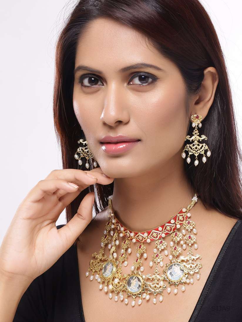 Buy Studio Voylla Women Gold Toned Gold Plated Enamelled Jewellery Set Jewellery Set for Women 7254022 Myntra