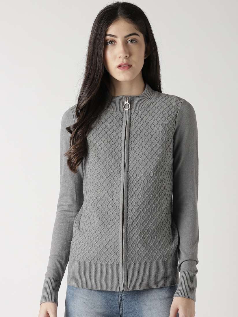 Buy Fort Collins Women Grey Self Design Front-Open Cardigan