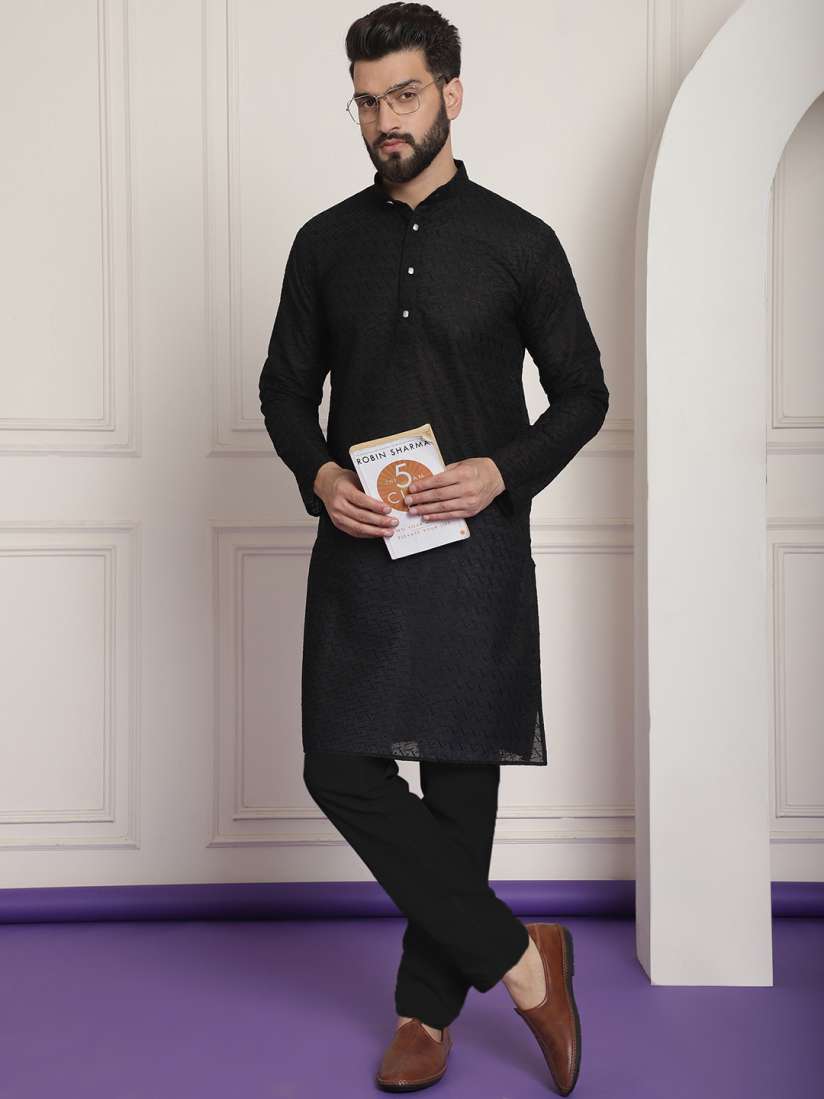 Buy SOJANYA Men Black Self Design Kurta with Churidar Kurta Sets for Men 7270948 Myntra