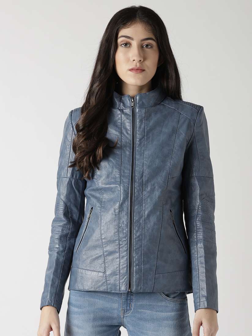 Buy Fort Collins Women Blue Solid Faux Leather Biker Jacket Jackets for Women 7280717 Myntra