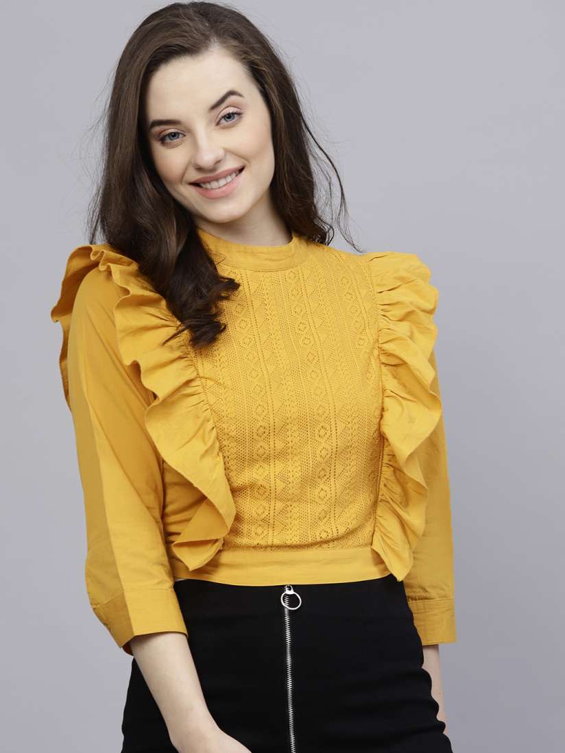 Buy STREET 9 Mustard Yellow Self Design Pure Cotton Top with Ruffle Detail Tops for Women 7287259 Myntra