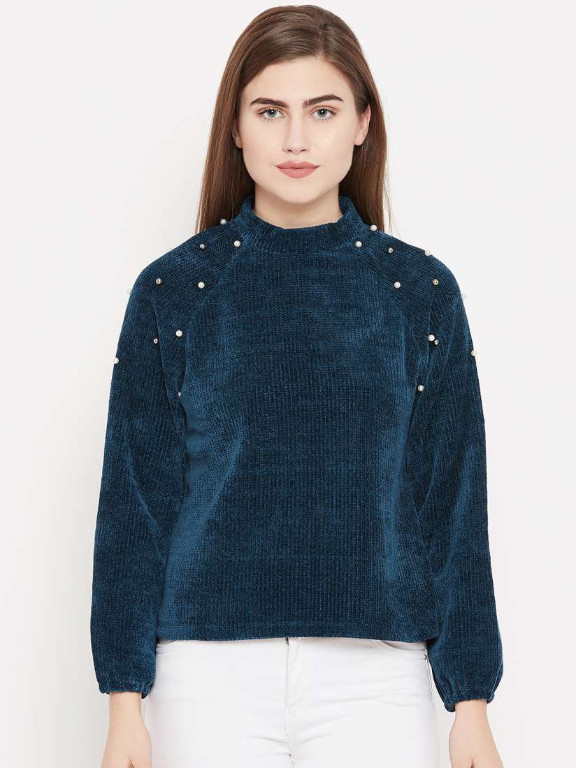 Buy Madame Women Teal Blue Solid Velvet Finish Pullover Sweaters for Women 7294384 Myntra