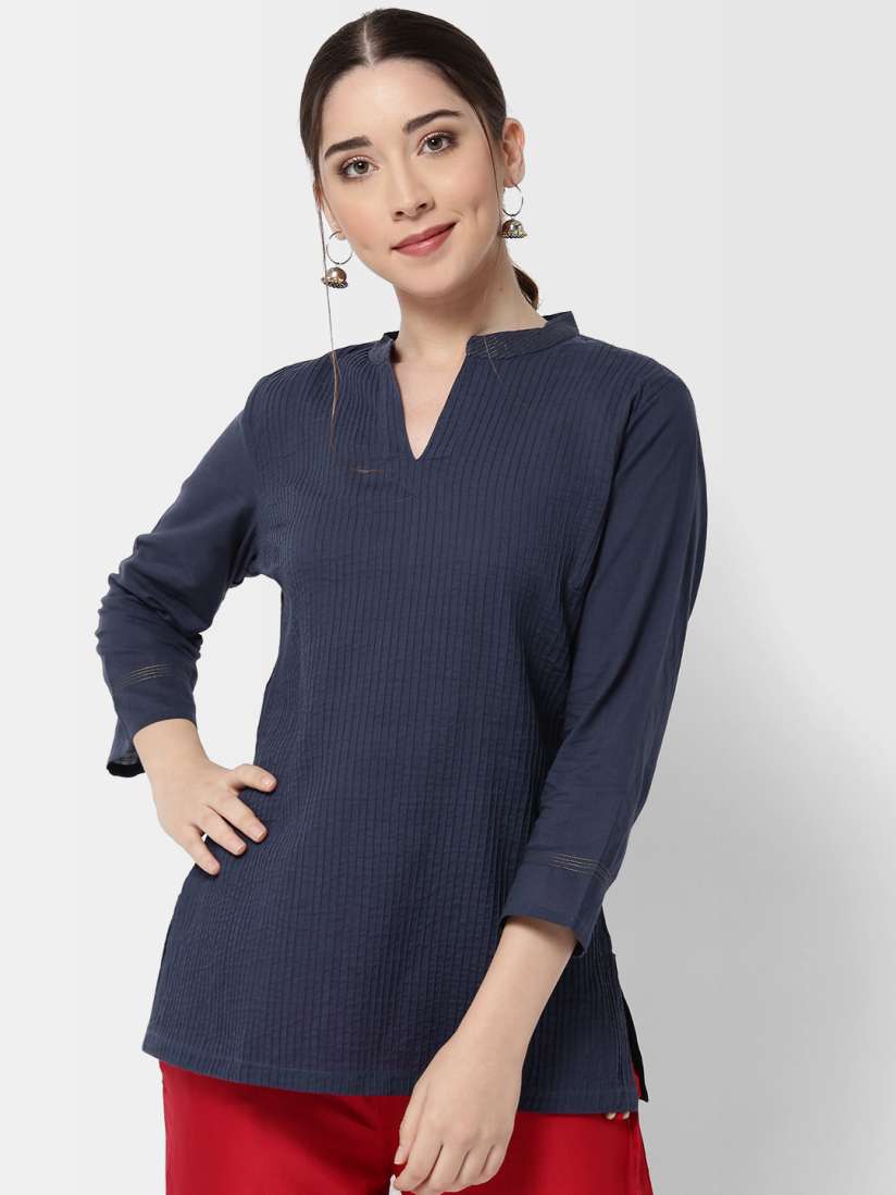 Buy Fabindia Women Navy Pintucks Straight Pure Cotton Kurti Kurtis for Women 7329877 Myntra