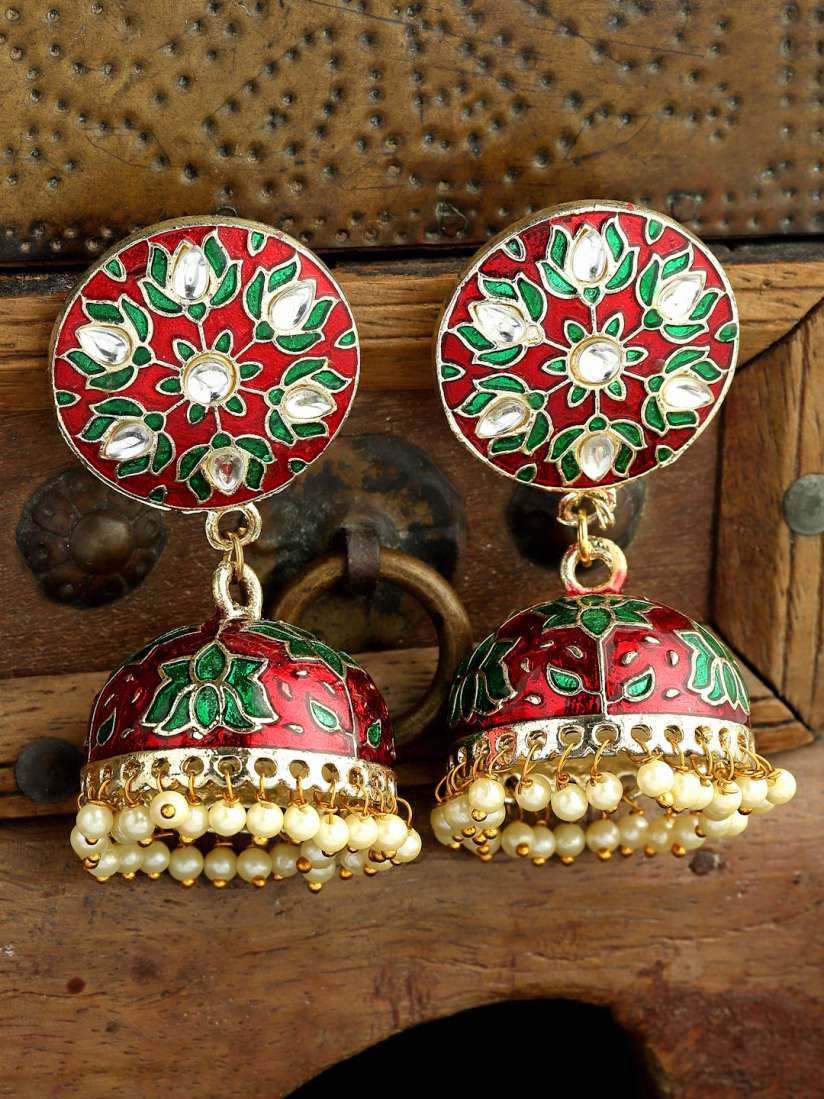 Buy PANASH Gold Toned Red Dome Shaped Jhumkas Earrings for Women 7340979 Myntra