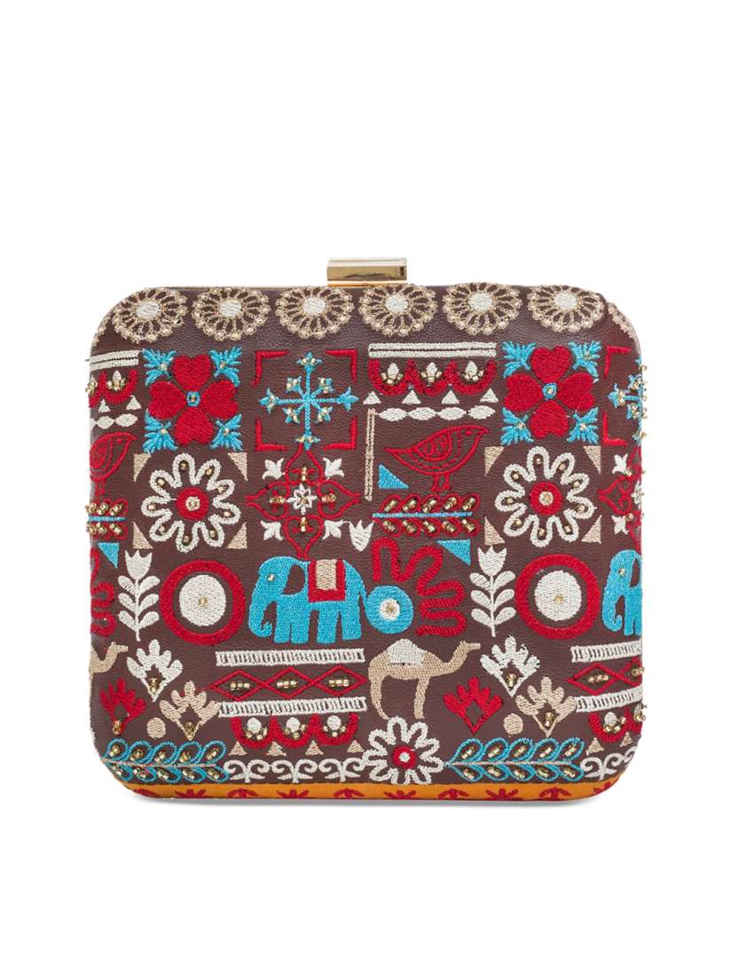 Buy Chumbak Coffee Brown Red Embroidered Box Clutch Clutches for Women 7342257 Myntra