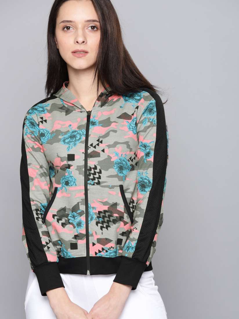 Buy NUSH Women Grey Blue Printed Hooded Sweatshirt Sweatshirts for Women 7342895 Myntra