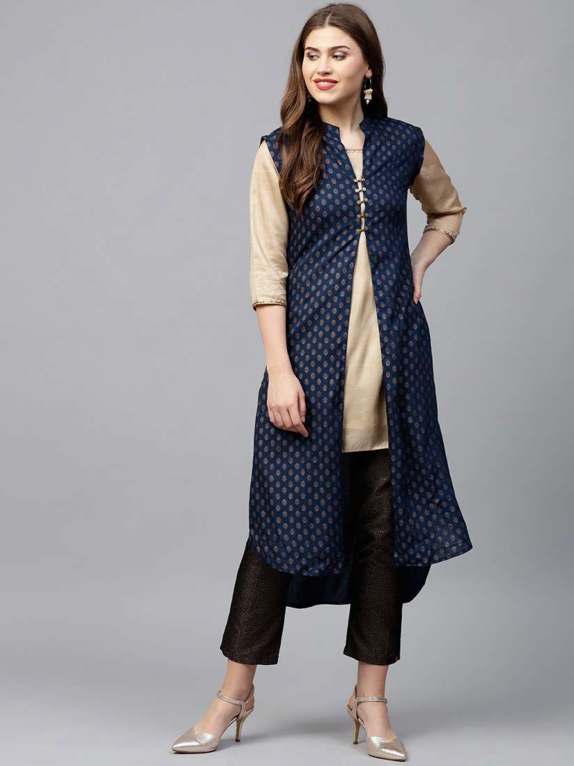 Buy Jaipur Kurti Navy Blue Golden Printed Longline Ethnic Jacket Jackets for Women 7347845 Myntra