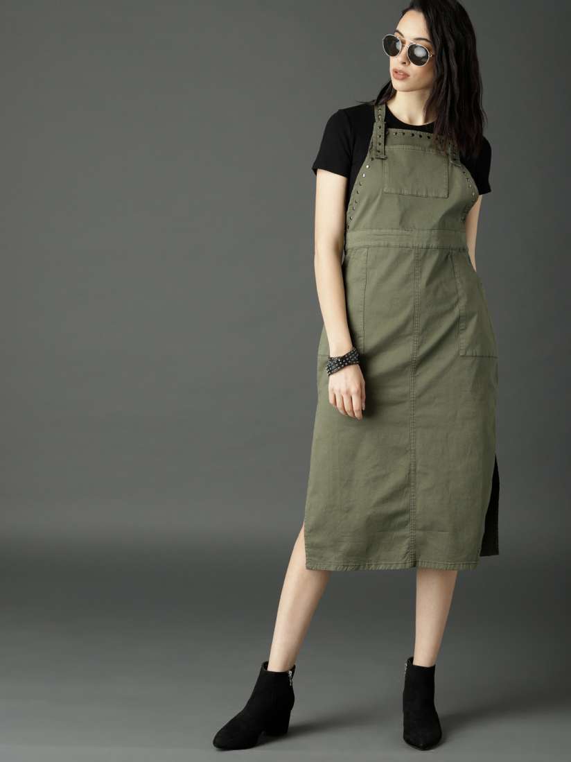 Buy Roadster Women Olive Green Midi Dungaree Dress with Studs Dresses for Women 7370280 Myntra