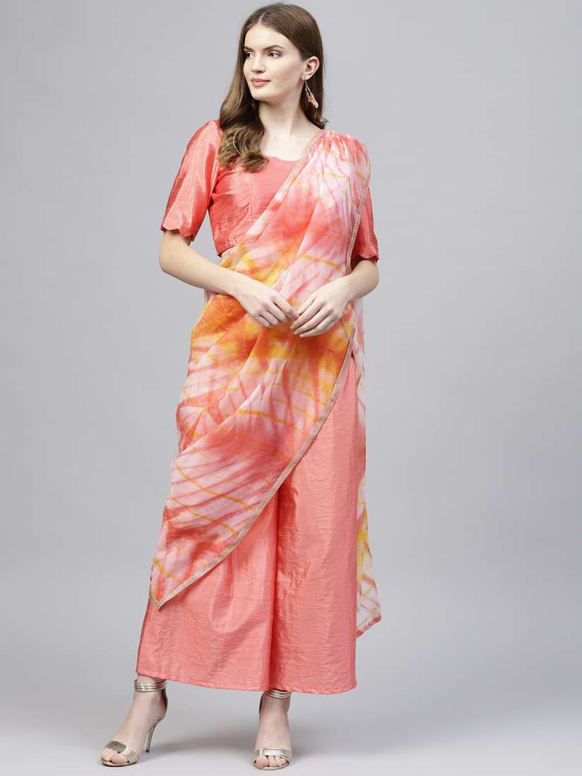 Buy Inddus Pink Orange Tie Dyed Unstitched Palazzo Saree with Detachbale Pallu Sarees for Women 7371502 Myntra