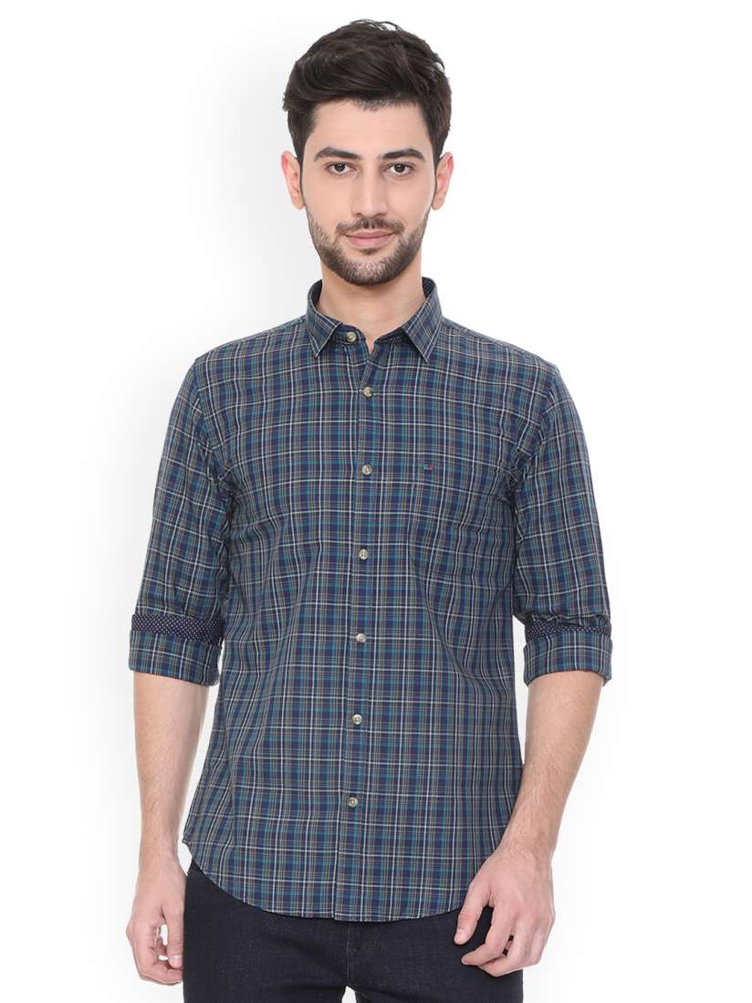Buy Peter England Casuals Men Navy Blue Green Slim Fit Checked Casual Shirt Shirts for Men 7374982 Myntra
