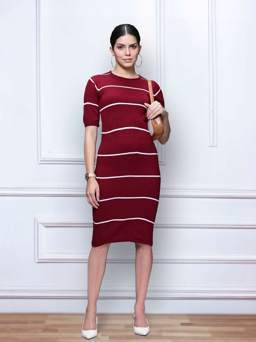Buy her by invictus Women Deep Burgundy Striped Sweater Dress Dresses for Women 7383087 Myntra