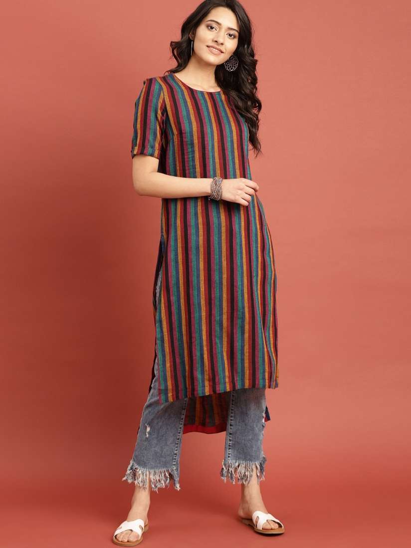 Buy Taavi Women Multicoloured Striped Woven Legacy Straight High Low Kurta with Styled Back Kurtas for Women 7393494 Myntra
