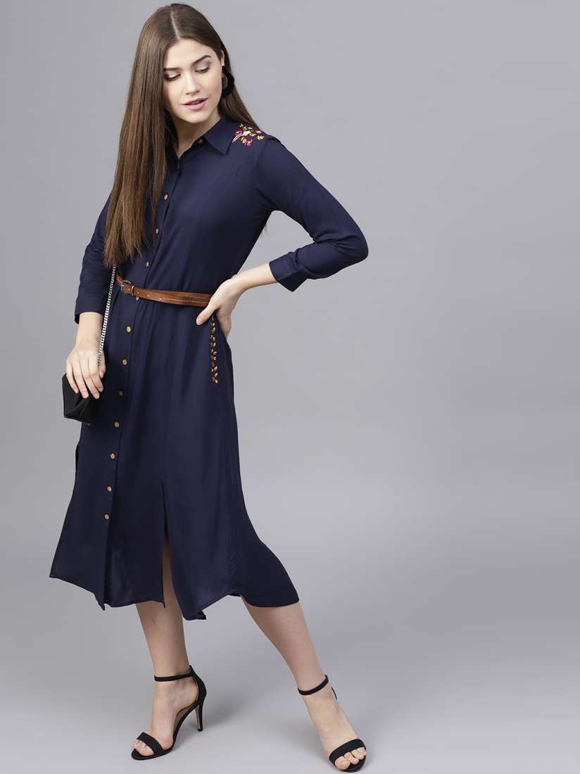 Buy Athena Women Navy Blue Solid Shirt Dress Dresses for Women 7409192 Myntra