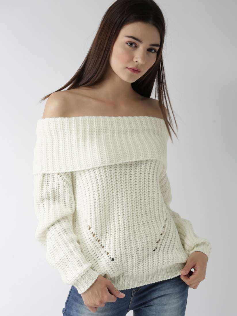 Buy FOREVER 21 Women Cream Coloured Solid Off Shoulder Pullover Sweater Sweaters for Women 7410599 Myntra