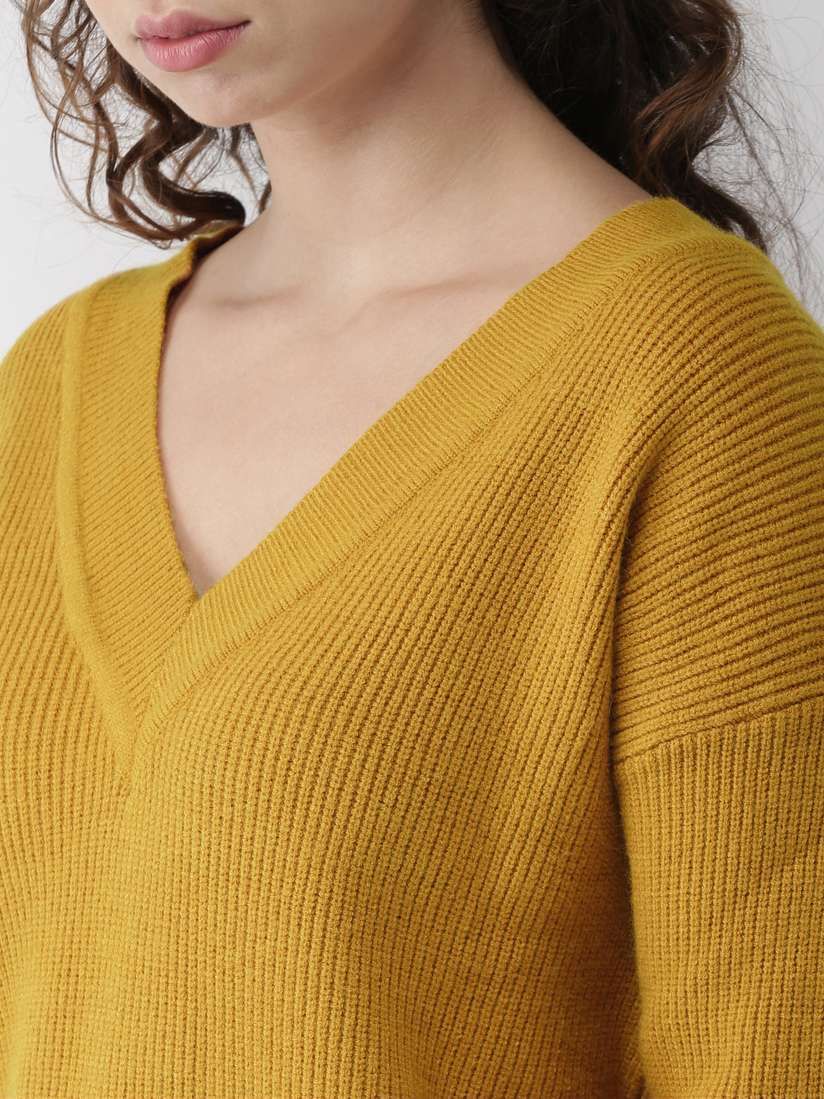 Buy FOREVER 21 Women Mustard Yellow Solid Pullover Sweaters for