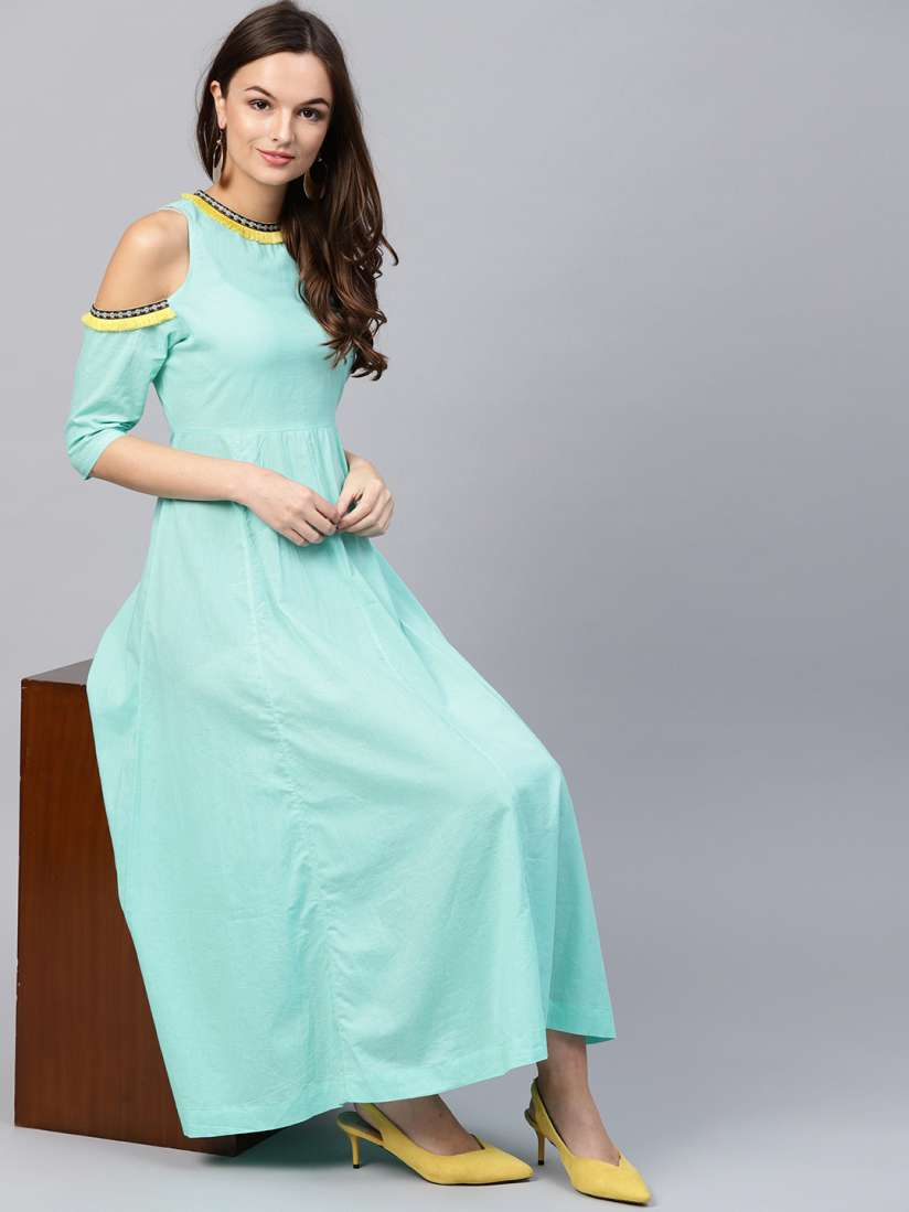 Buy SASSAFRAS Women Blue Cold Shoulder Maxi Dress Dresses for Women 7413698 Myntra