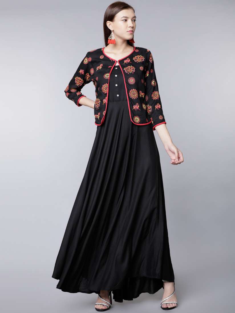 Buy Vishudh Women Black Printed Maxi Dress with Jacket Dresses for Women 7418726 Myntra
